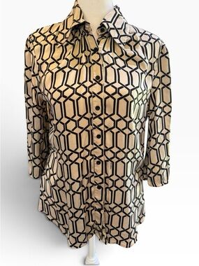 Womens Bebe silk blend Geometric Print Button-Down Shirt - Beige/Black Size Med